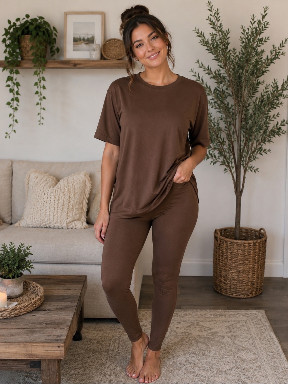 Zenana Small Chocolate Brown 2 Piece Tee Leggings Lounge Set NWOT